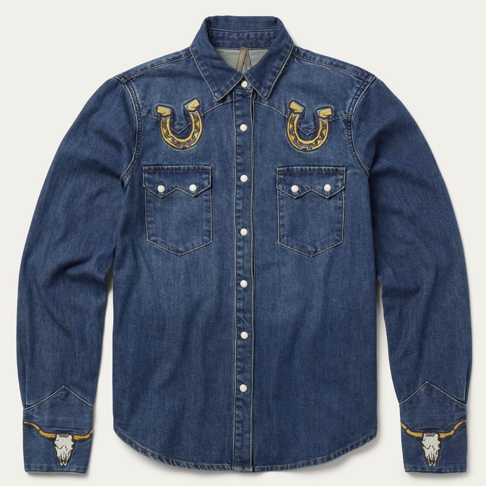 Stetson Embroidered Dark Denim Western Shirt NWOT